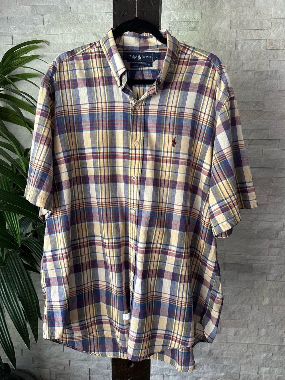 Ralph Lauren Burgundy Navy Blue Short-Sleeve Plaid Cotton Button-Down Shirt